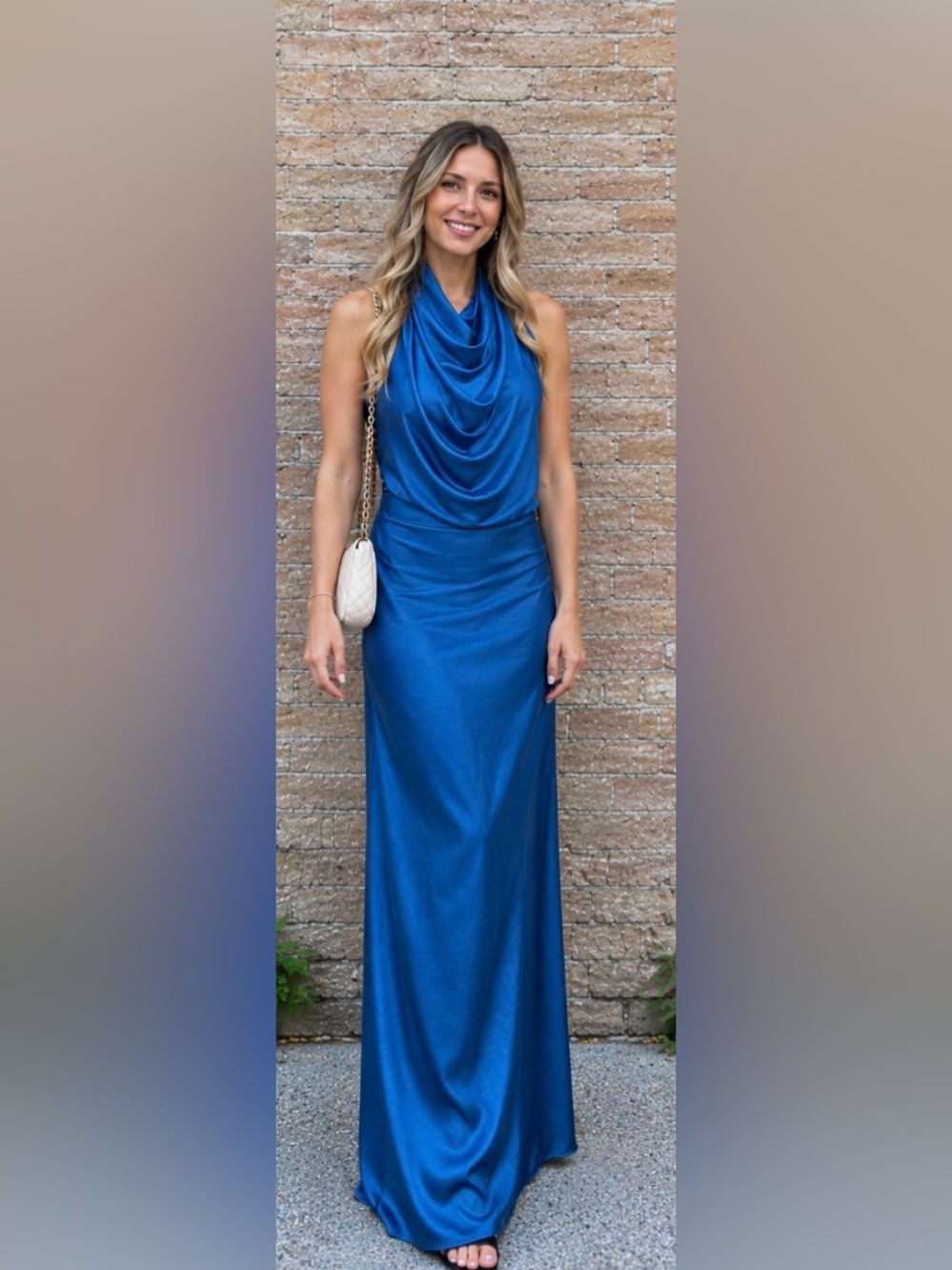 Ronny Kobo Collection Teal-Blue Satin Halter Maxi Dress